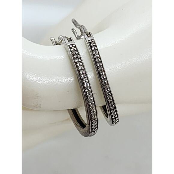 Unbranded Jewelry - Sterling Silver Diamond Hoop Earrings Pave Set Oval Hoops Vintage Style